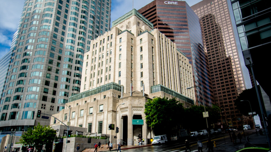 A view of One Bunker Hill, showcasing its architectural grandeur and prominence in the cityscape.