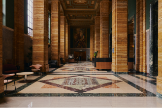 Interior photo of The CalEdison DTLA lobby.