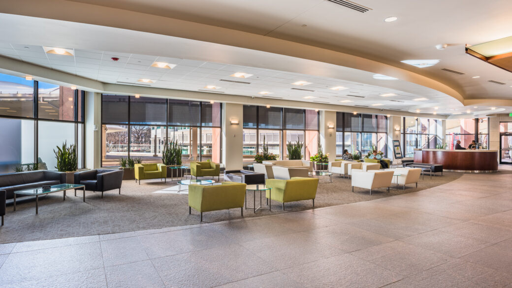 An interior view of the lobby of Denver's Civic Center Plaza.