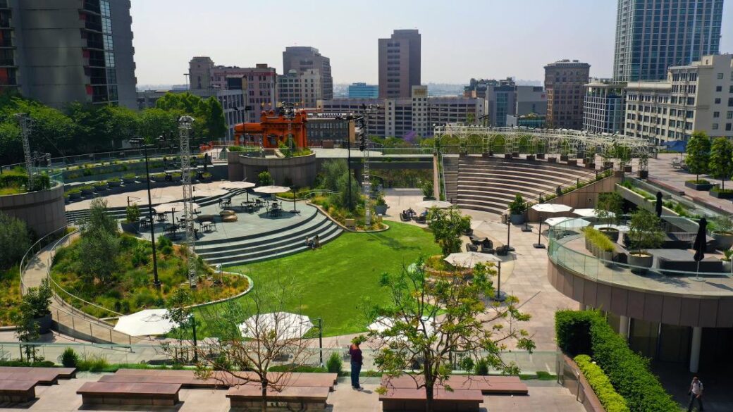 A photo looking down at The Yard, an outdoor space at DTLA's California Plaza
