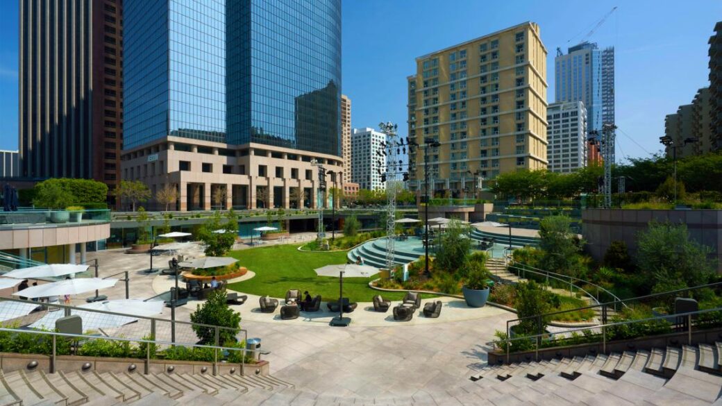 A side view of The Yard at DTLA's California Plaza