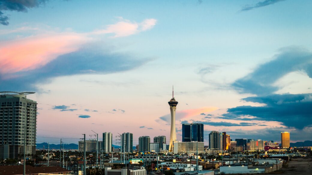 Photo of the las vegas cityline from the North with The Strip in the distance.