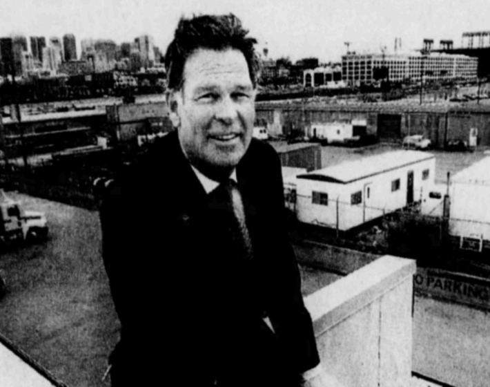 Nelson C. Rising, then-chairman of Catellus Development Corp., at the site of the Mission Bay redevelopment project near Pacific Bell Park in San Francisco.